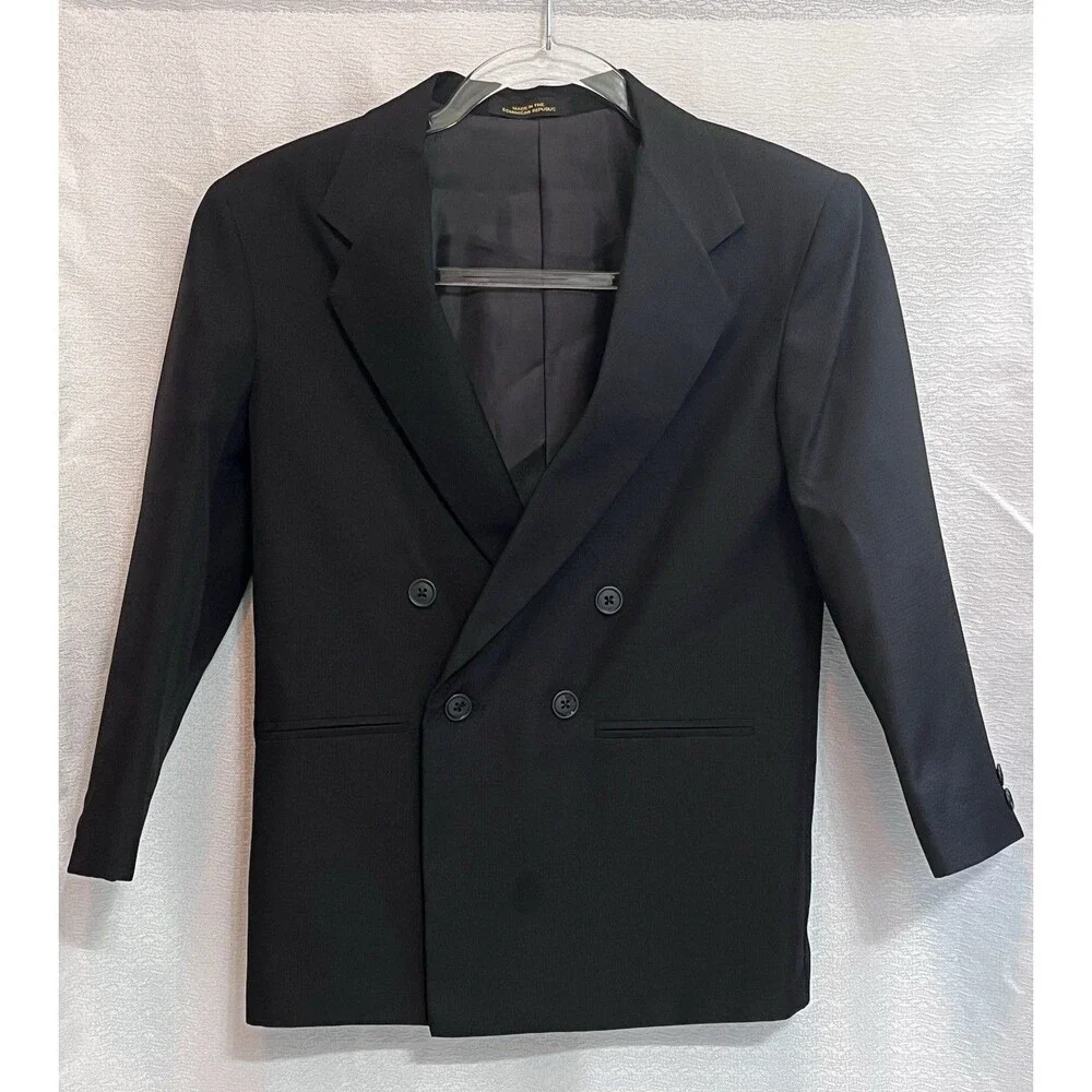 Van Heusen Double Breasted Sport Coat Blazer Jacket Boys 10 Reg Black Preppy